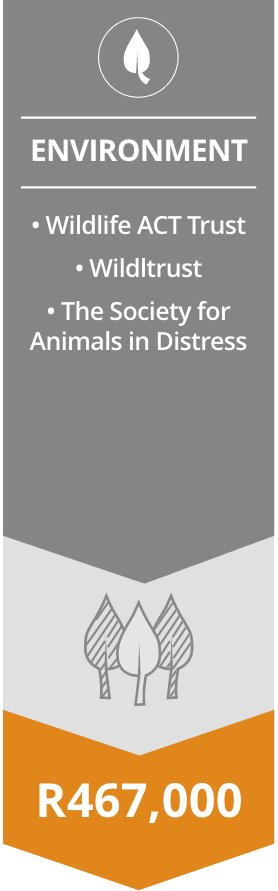 ENVIRONMENT • Wildlife ACT Trust 
• Wildltrust
• The Society for Animals in Distress R467,000