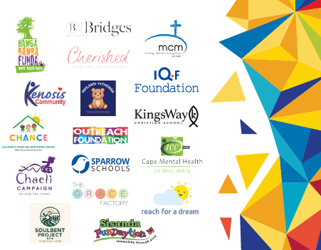 Image of NGO logos for Bridges Retreat, C.H.A.N.C.E Children's Home, Cape Mental Health , Chaeli Campaign, Cherished Trust, Grace Factory, Hamba Bamba Funda, Inhlansi Yethemba Community Care & ECD Center, IQF Foundation, Kenosis Community Trust, The Kingsway Centre of Concern NPC, Lutheran Community Outreach Foundation, MCM Miqlat, Reach For A Dream, Sisanda FunDaytion, Soulbent Project and Sparrow Schools and an art motif of coloured triangles in shades of yellow, green, blue and red.